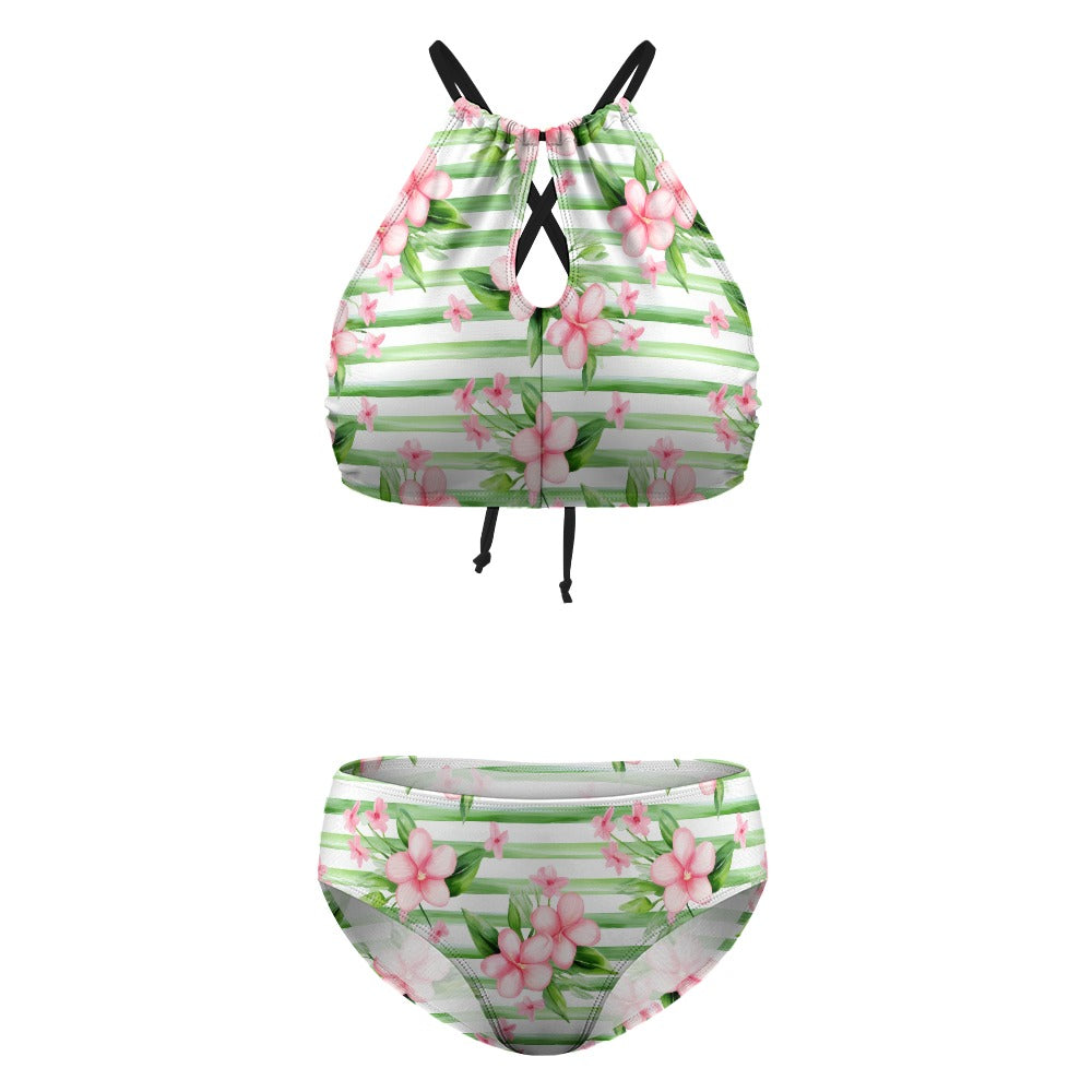 floral high neck bikini top and bottom product layout