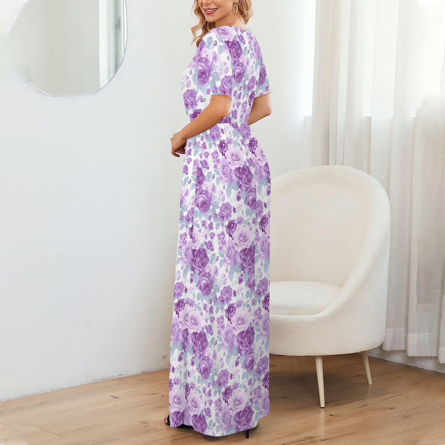 floral maxi dress back view short sleeve design