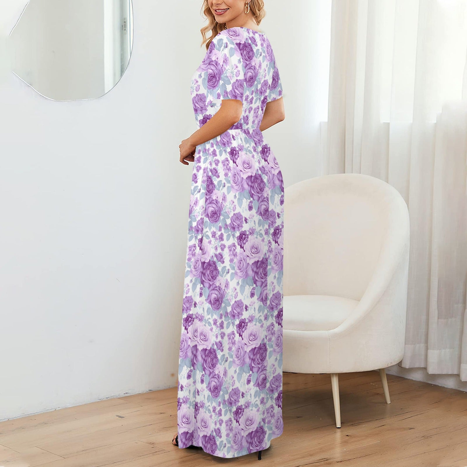 floral maxi dress back view short sleeve design