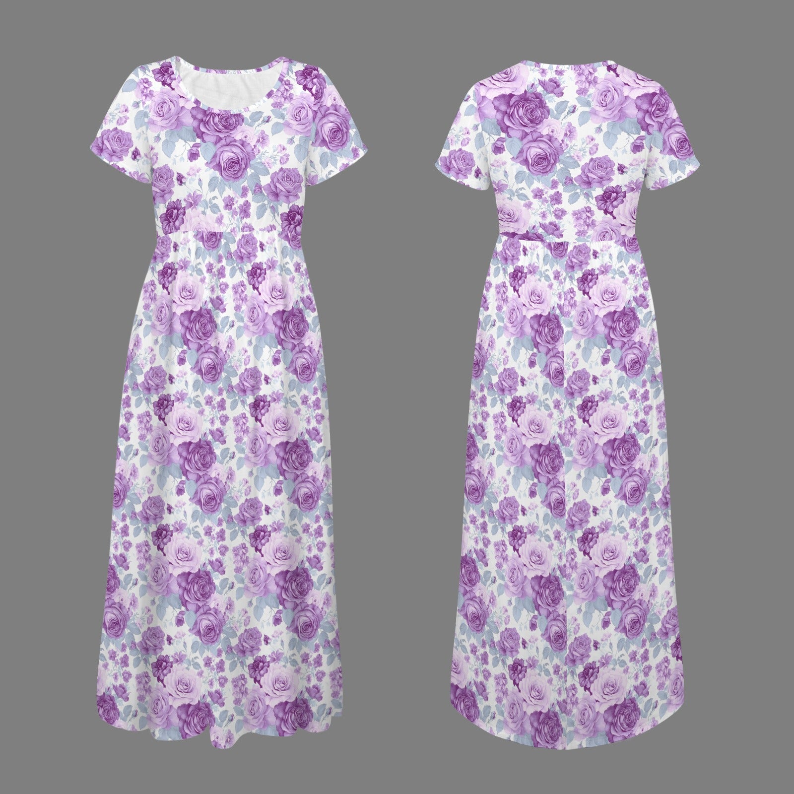 floral maxi dress with pockets soft structured drape front and back flat lay view