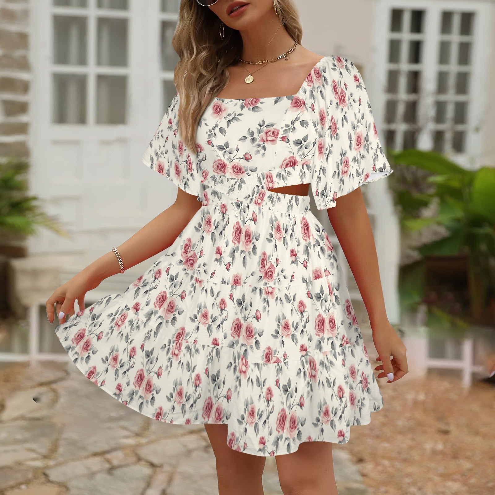 floral mini dress styled outdoors garden setting