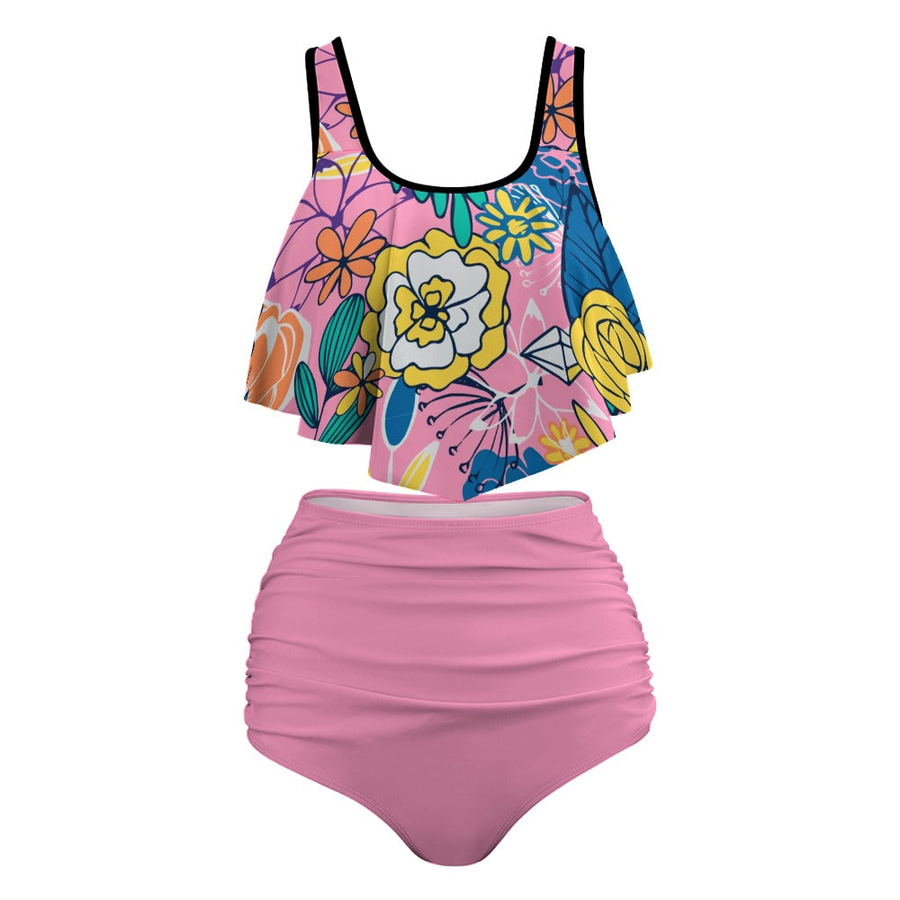floral ruffle swim top and pink high waist bottom