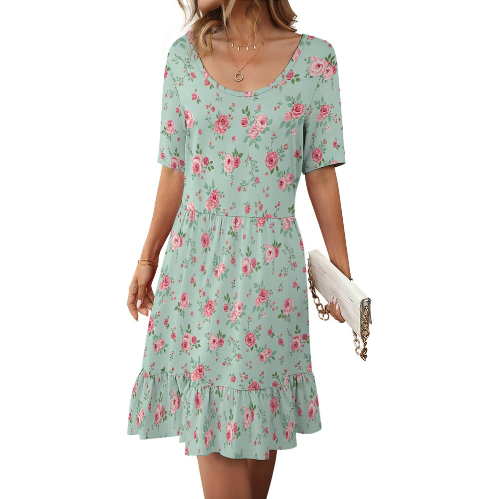 floral short sleeve mini dress scoop neck sage green base tiered hem