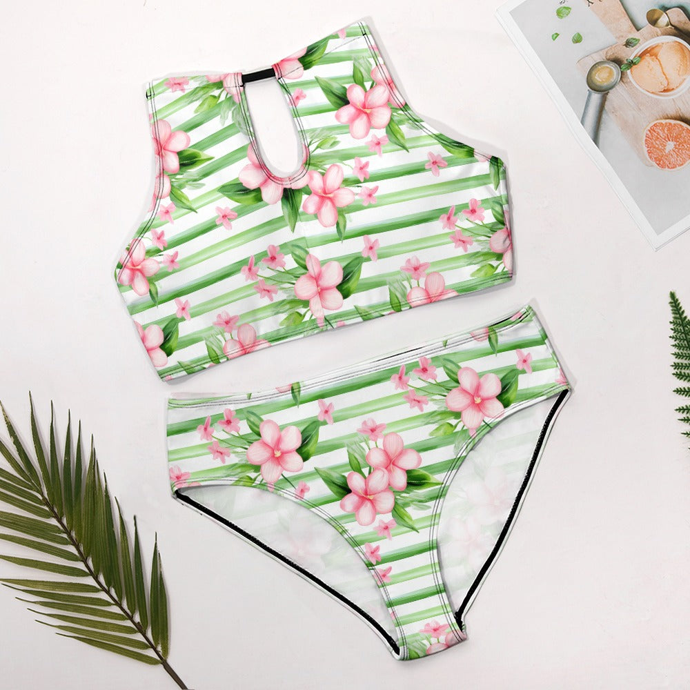floral striped bikini flat lay product display