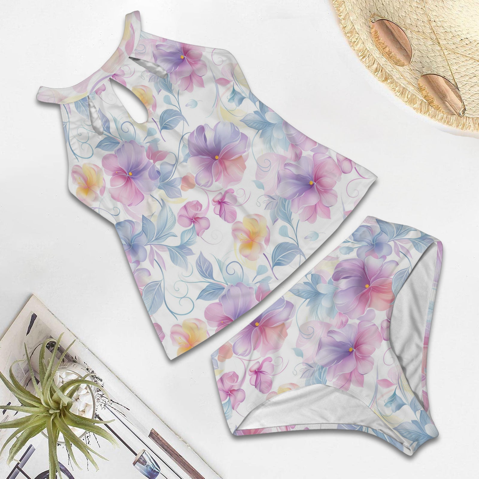 floral tankini swimsuit set flat lay