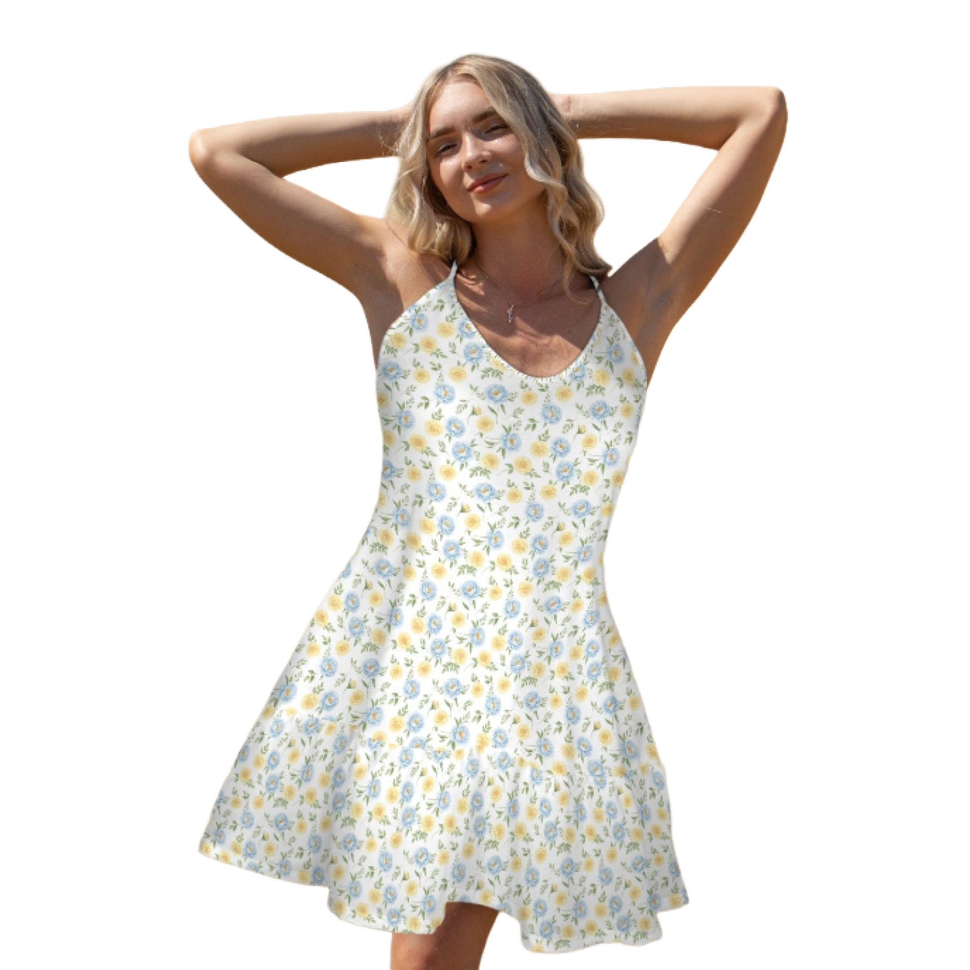 floral tiered mini dress front view spaghetti straps cottagecore silhouette studio shot