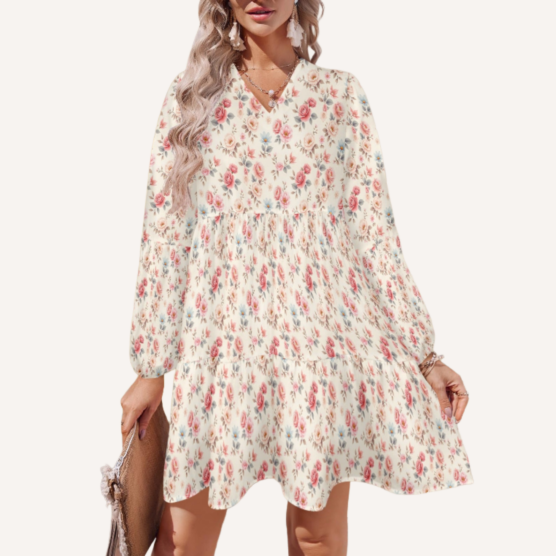 floral tiered mini dress front view v neck lantern sleeves cottagecore style studio shot