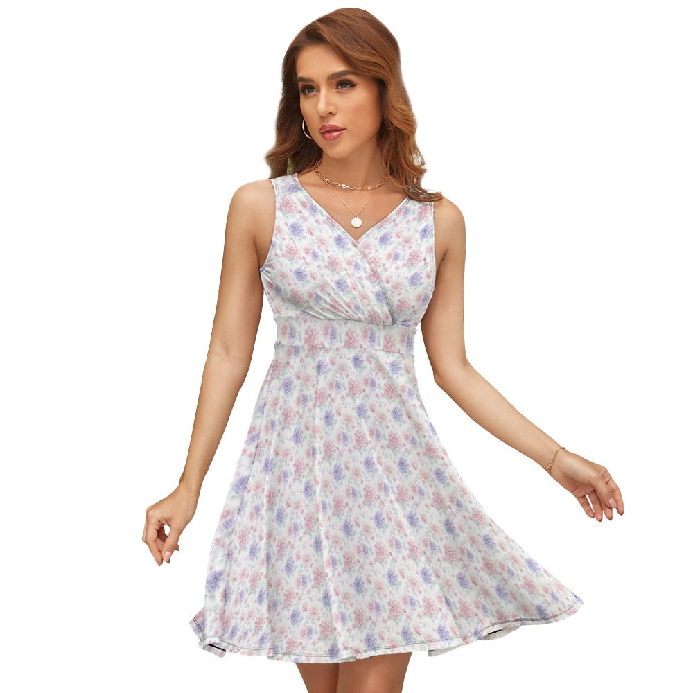 floral wrap bodice mini dress front view sleeveless v neck fit and flare silhouette