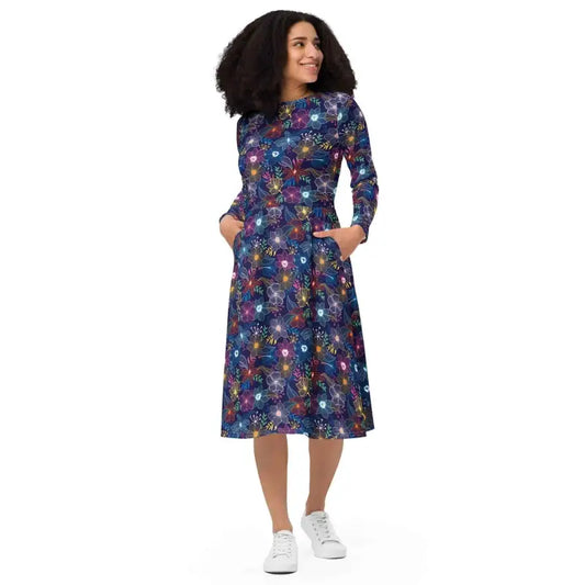 Floral Fiesta Midi Dress in a colorful floral print with long sleeves for women