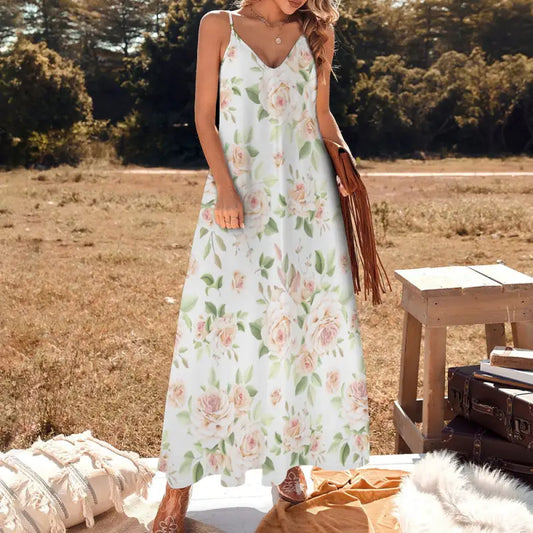 Flowy Floral Maxi Dress featuring thin straps and a rose print ankle length design