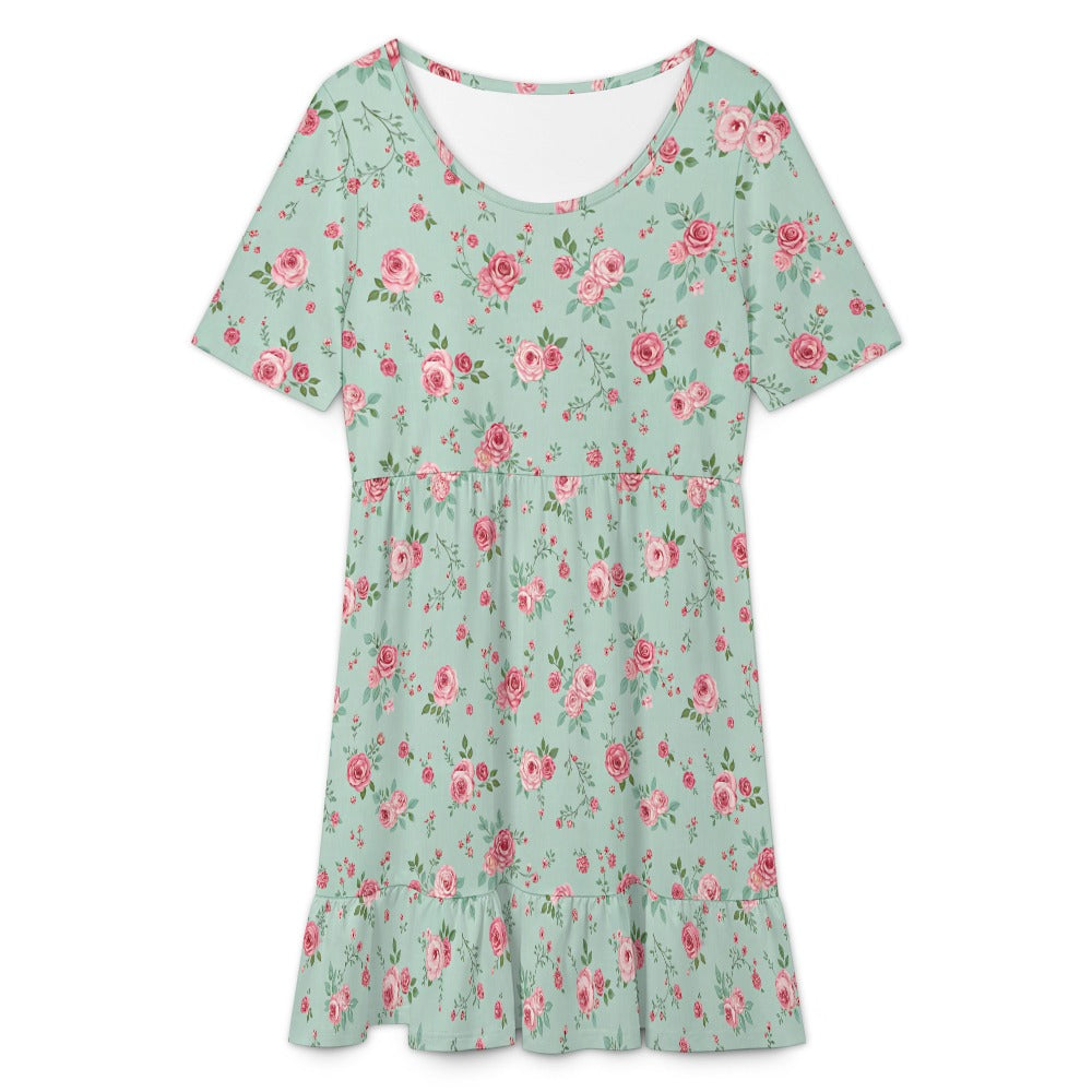 front flat lay floral mini dress short sleeves a line silhouette