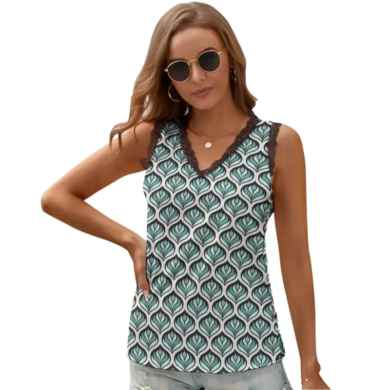geometric print lace trim tank top front view