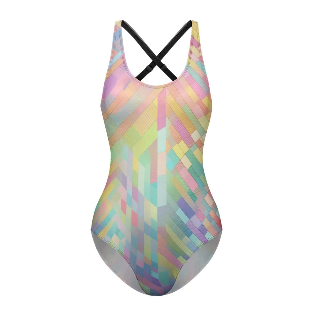 geometric swimsuit flat lay front view