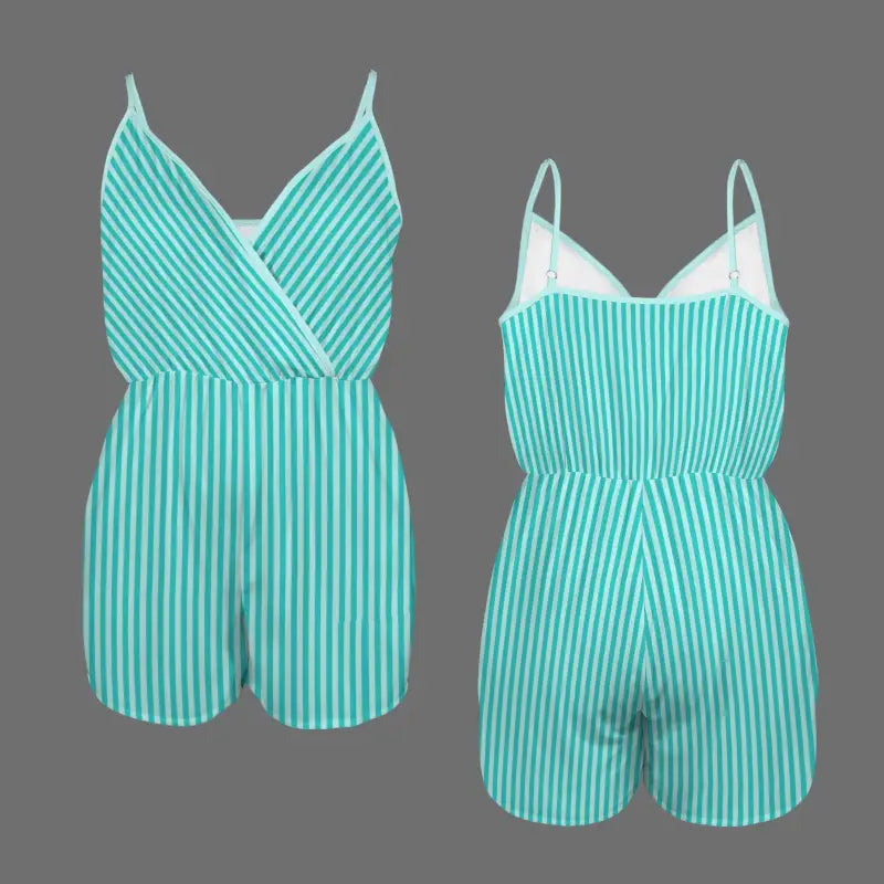 Mint green and white striped v-neck pocket wrap cami romper for a cozy cute look