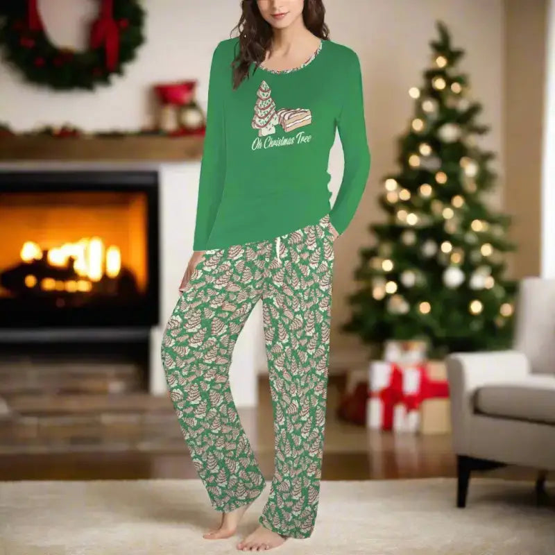 Cozy Christmas Tree Cake Pajamas featuring cute cat design and festive patterned pants