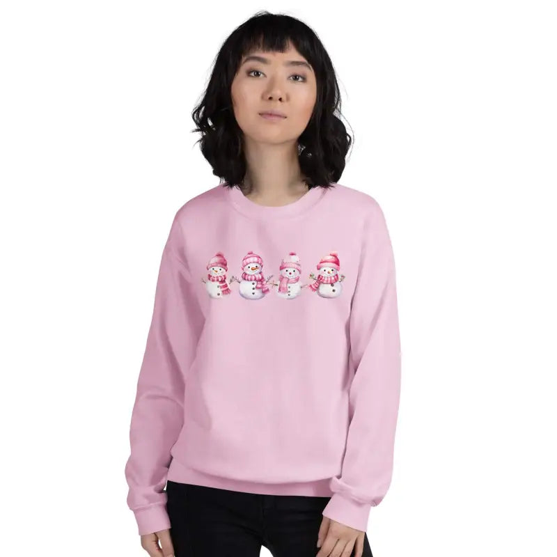 Adorable Pink Snowman Christmas Sweatshirt with Cartoon Snowmen in Santa Hats