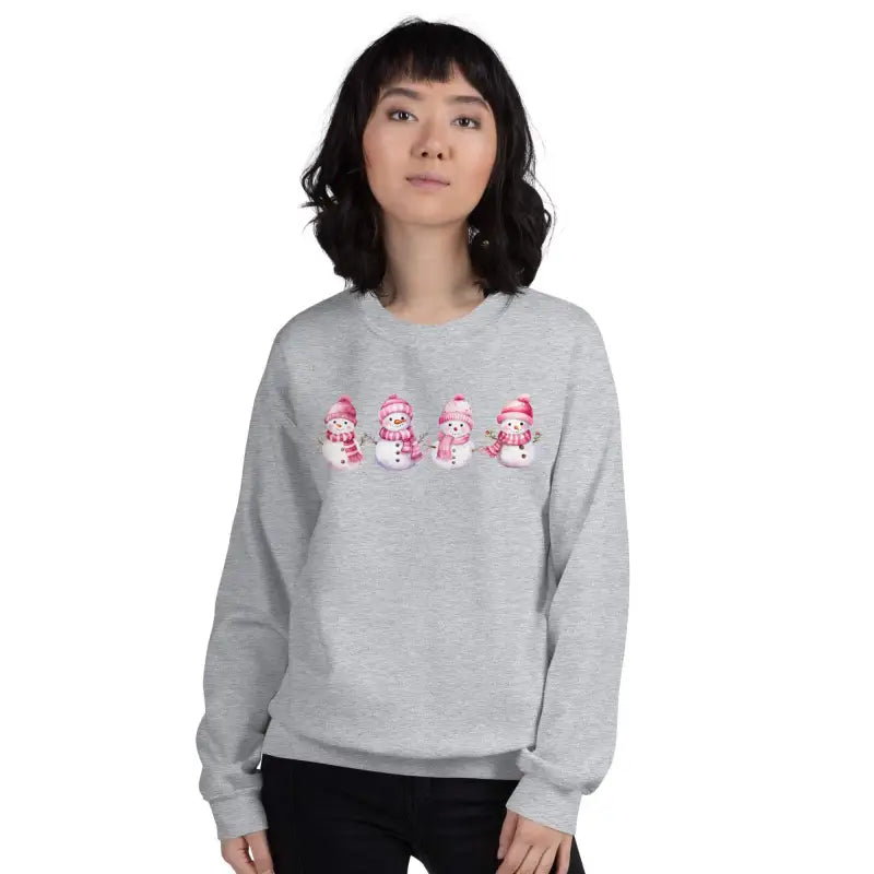 Gray snowman Christmas sweatshirt with cute cartoon snowmen in pink accessories