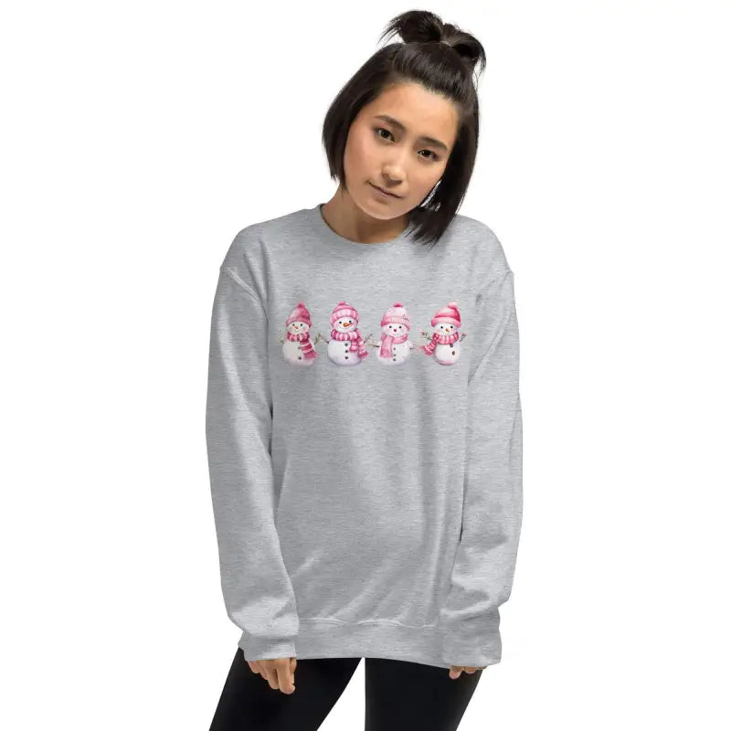 Gray Snowman Christmas sweatshirt with cute pink cartoon snowmen for festive vibes