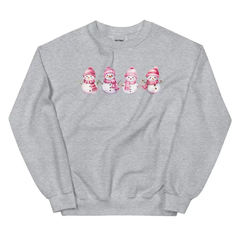 Cozy gray snowman Christmas sweatshirt with four cute pink snowmen in scarves and hats