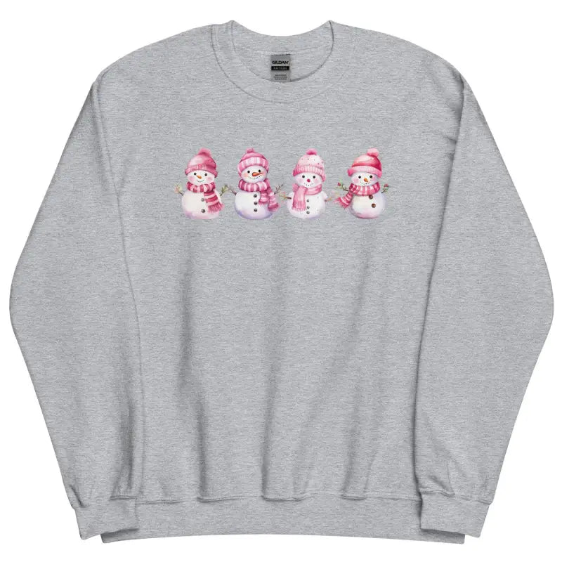 Cute Snowman Christmas Sweatshirt with four fun snowmen in pink hats and scarves