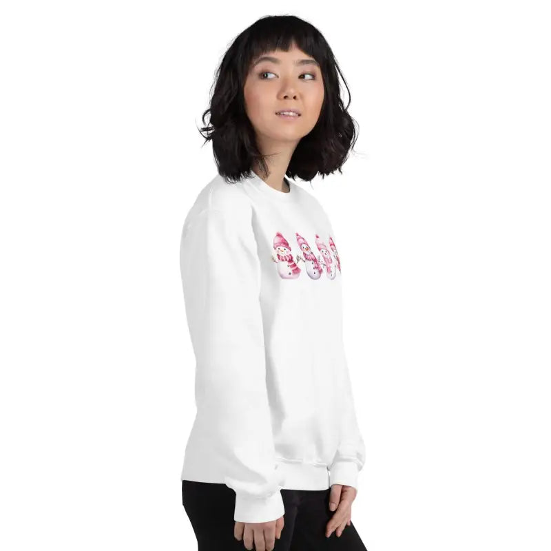 Cozy white sweatshirt with pink SNL text, perfect for cute snowman Christmas vibes