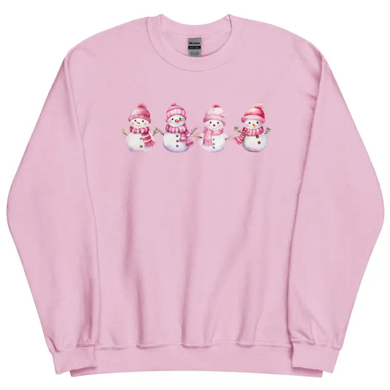 Pink snowman Christmas sweatshirt with cute cartoon snowmen in Santa hats