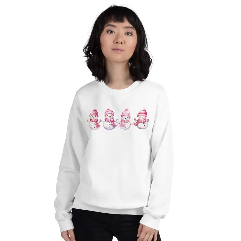 Cozy White Snowman Christmas Sweatshirt with Cute Pink Cartoon Snowmen Designs