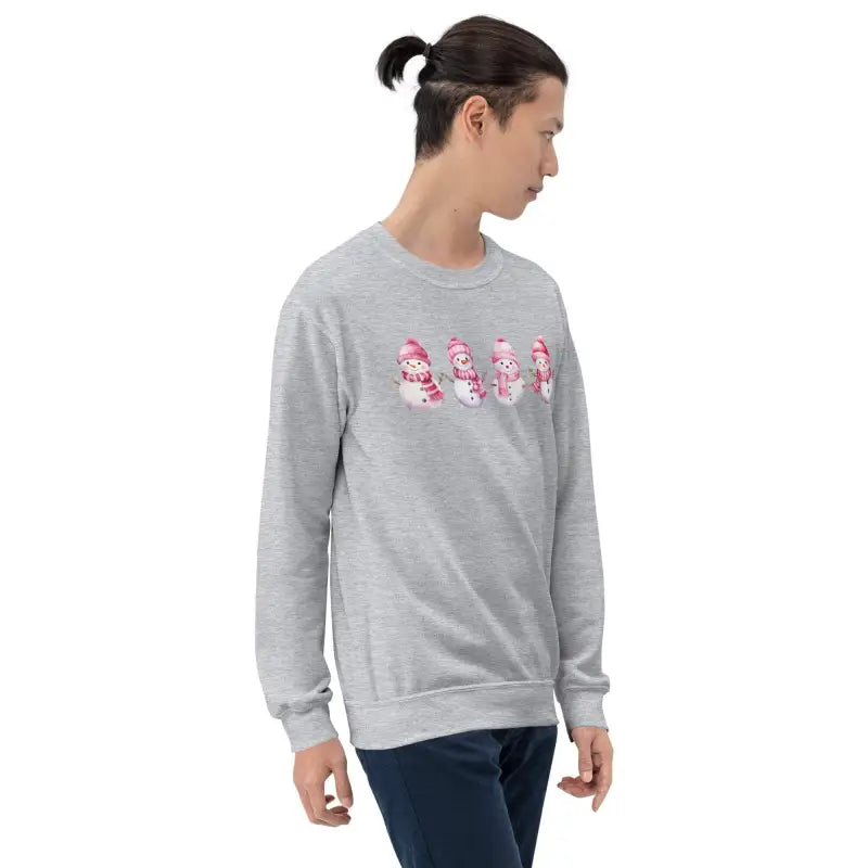 Gray sweatshirt with cute snowman Christmas designs for cozy winter vibes