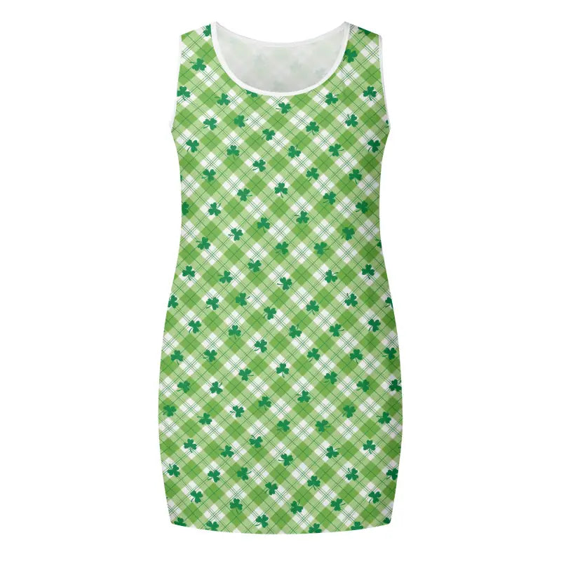 Sleek sleeveless dress featuring green plaid and shamrock pattern for Womens St Patricks Day