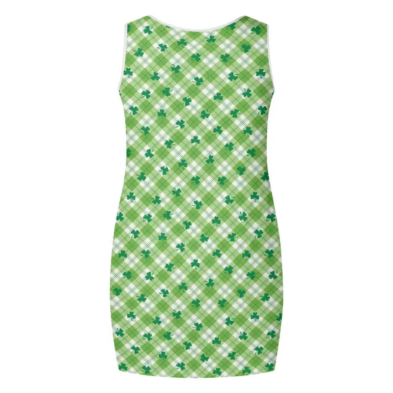 Sleeveless green plaid dress with shamrocks, perfect for Womens St Patricks Day fun