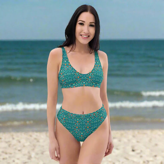 Teal bikini with floral print from Get Nautical, featuring blue geometric design