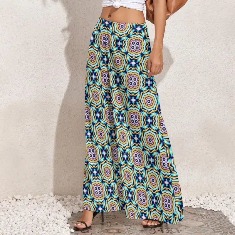 Flowy maxi skirt with vibrant geometric print, perfect for floral wide leg pants lovers