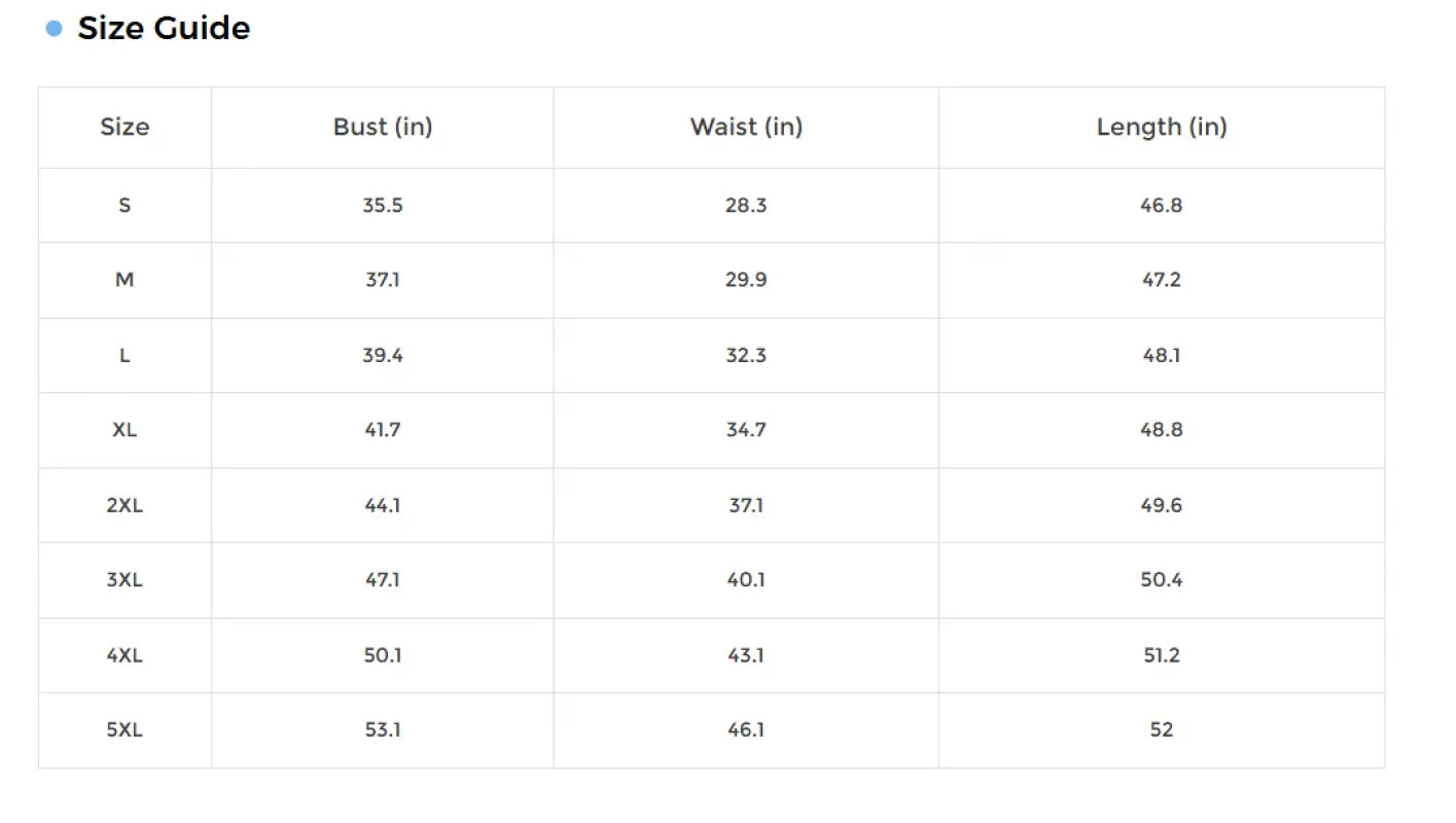 Size guide chart for Floral Maxi Dress with bust, waist, and length measurements