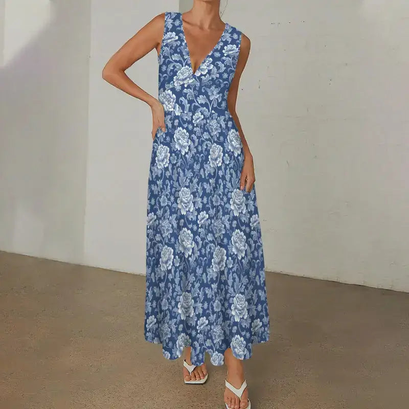 Blue and white floral maxi dress with V-neckline, perfect for stealing the show