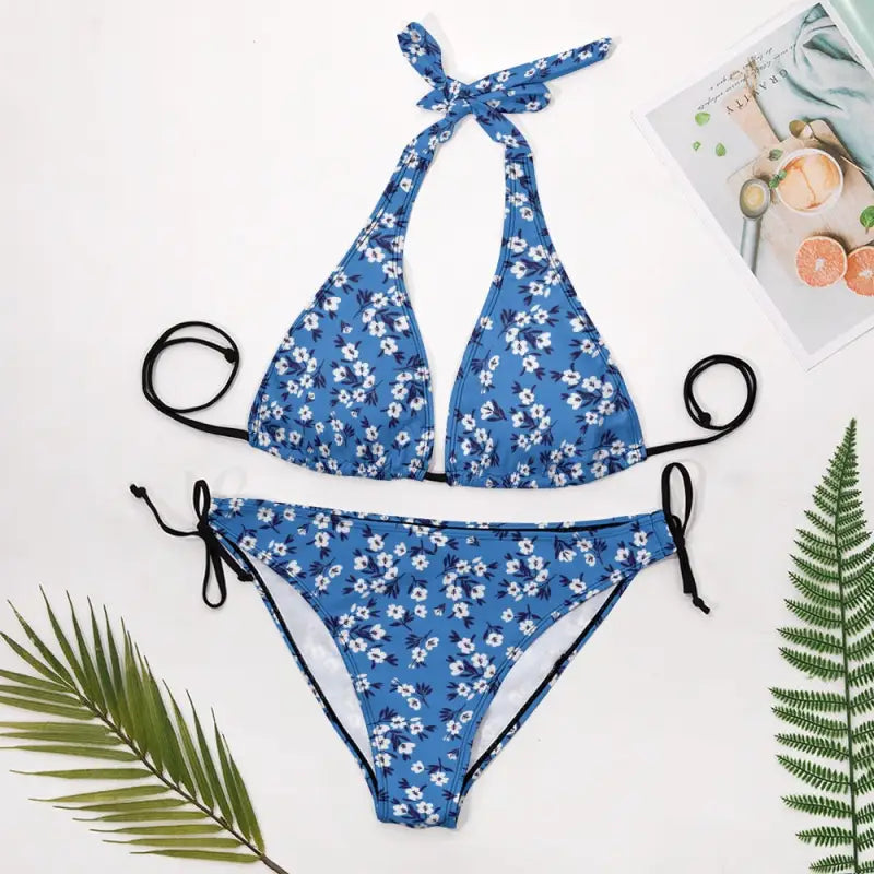 Blue floral print halter top bikini with black ties, perfect for your floral v-neck string look