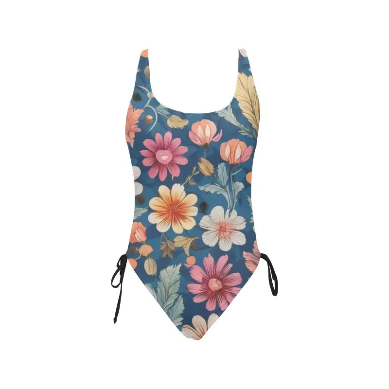 Floral print one-piece swimsuit with side ties on a blue background perfect for summer fun