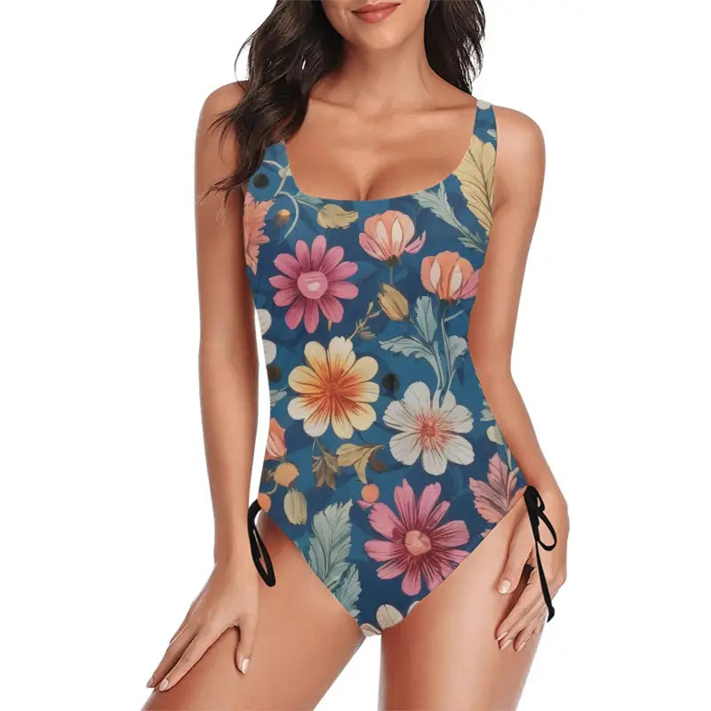 Fun Floral One-Piece Swimsuit with Side Ties and Scoop Neckline on Blue Background