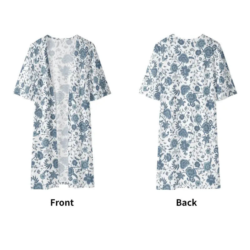 Floral print kimono-style robe in blue, showcased from front and back views