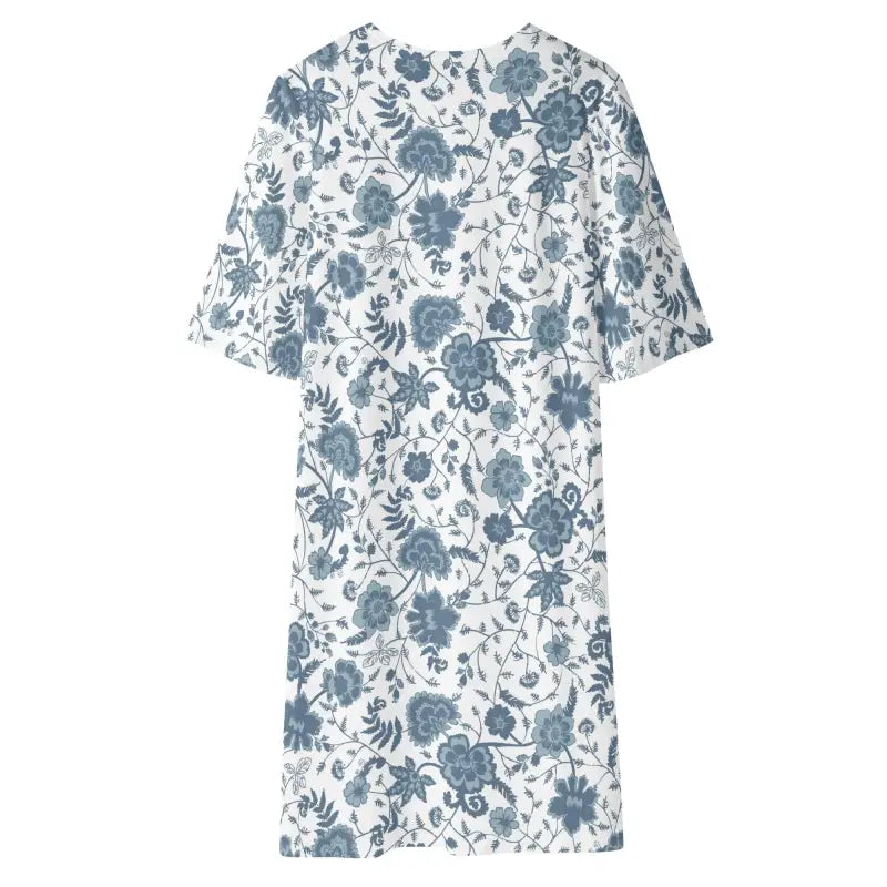 Womens Blue Floral Half Sleeve Kimono showcasing a white dress with a blue floral print