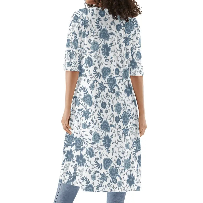 White dress with blue floral print and three-quarter sleeves in womens blue floral half sleeve kimono