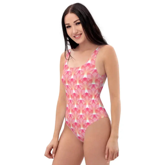 Pink Geometric Print One-Piece swimsuit with a cute floral design for beach vibes