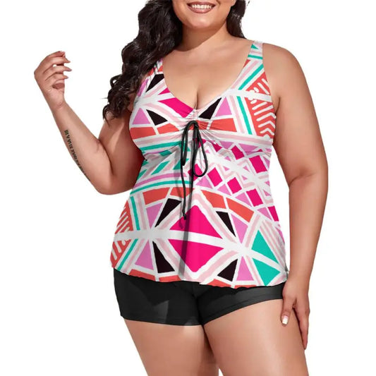 Colorful abstract print tankini top with black shorts for a fun, stylish swim look