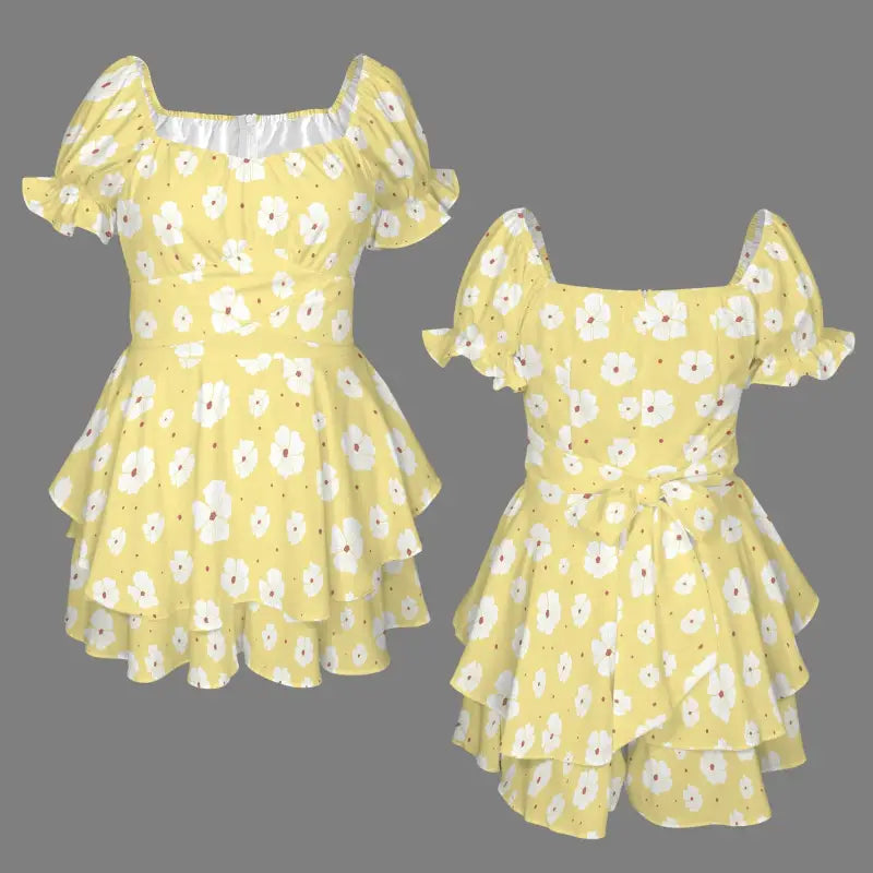 Yellow floral puff-sleeve shoulder romper with cute tiered ruffles and shorts