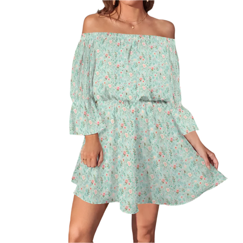 Mint green off-shoulder floral party dress with backless ruffle sleeves and elastic waist