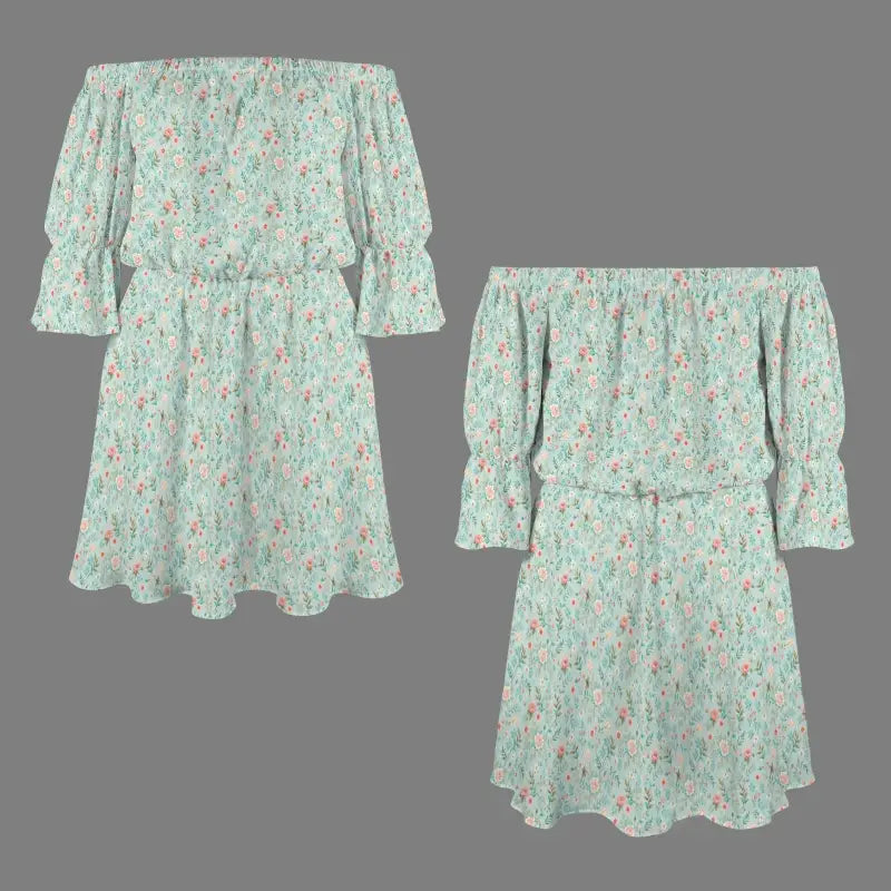 Mint green floral dress with backless ruffle sleeves and gathered waist, perfect for parties