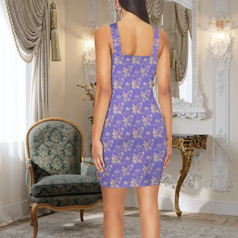 Stylish Purple Floral Print Sleeveless Bodycon Dress for the Gold Floral Halter look