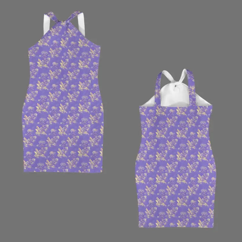 Purple floral-patterned sleeveless dress with white straps from Gold Floral Halter collection