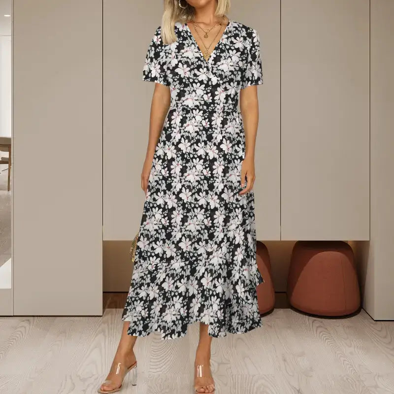 Black floral wrap dress with short puff sleeves and v-neckline, perfect for chic vibes