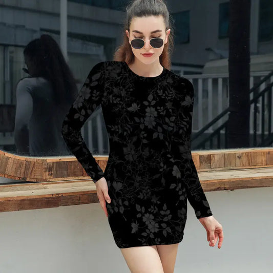 Elegant long sleeve skinny black bodycon mini dress with floral velvet pattern