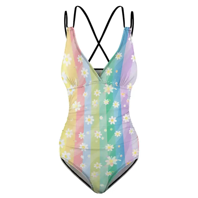 Pastel rainbow one-piece swimsuit with daisy patterns and crisscross straps